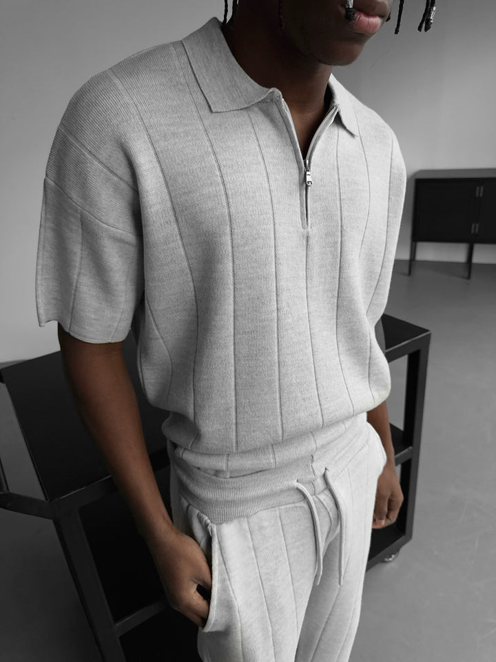 Loose Fit Line Collar Knit T-Shirt - Light Grey