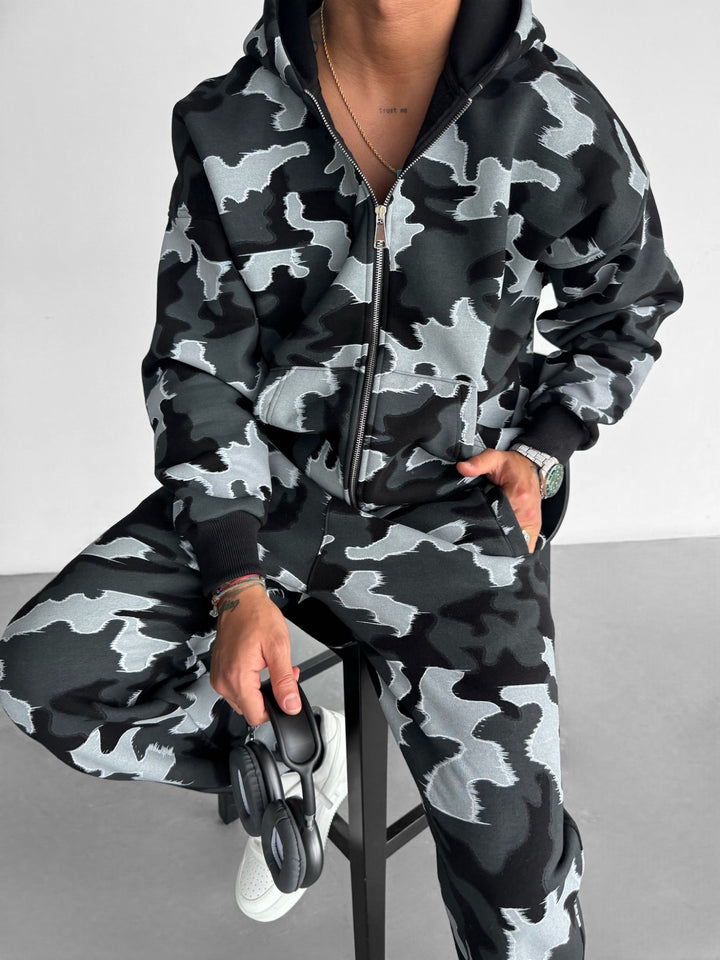 Oversize Camouflage Zipper Hoodie - Black