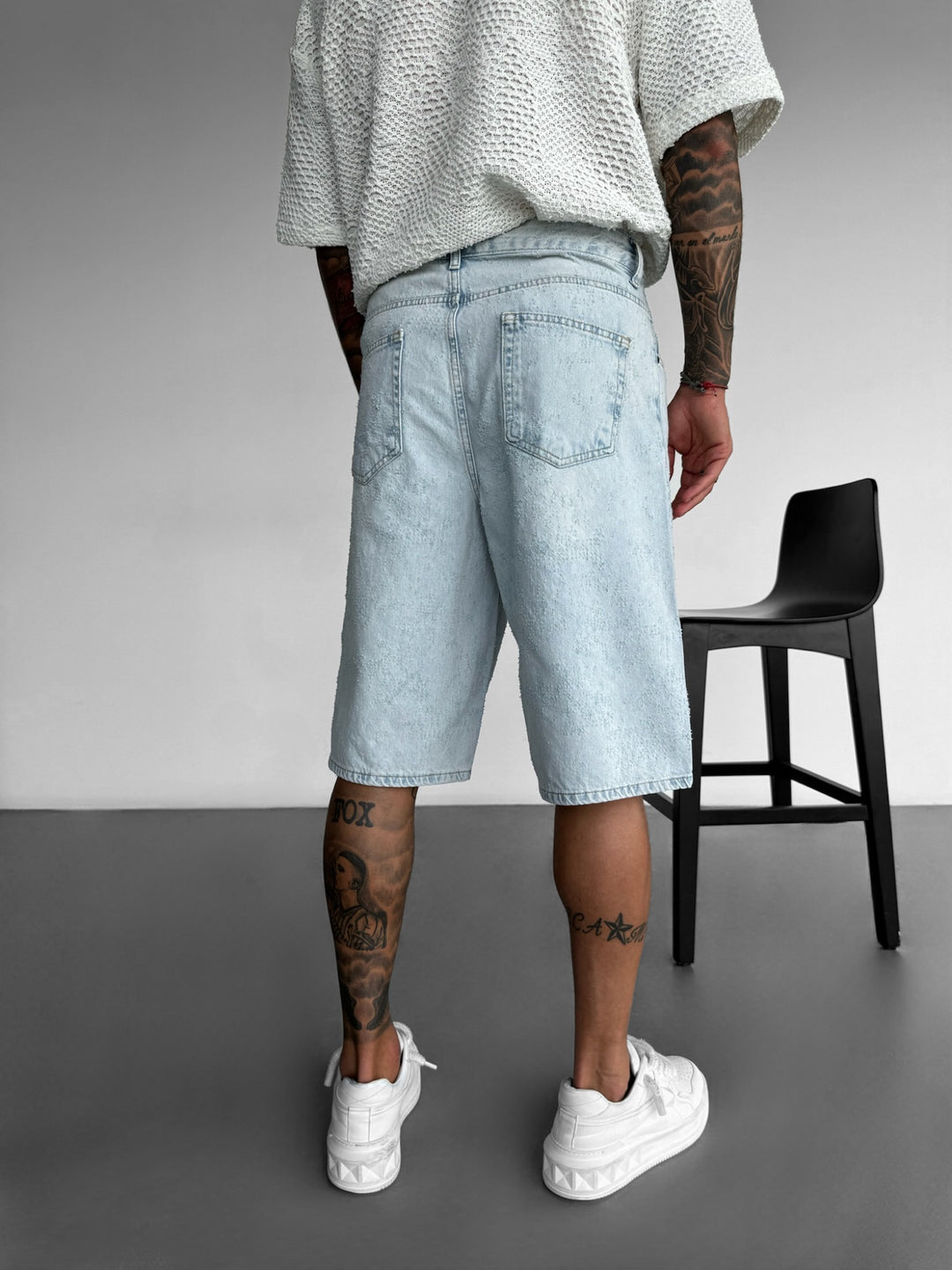Loose Fit Scrubbed Out Jeans Shorts - Light Blue