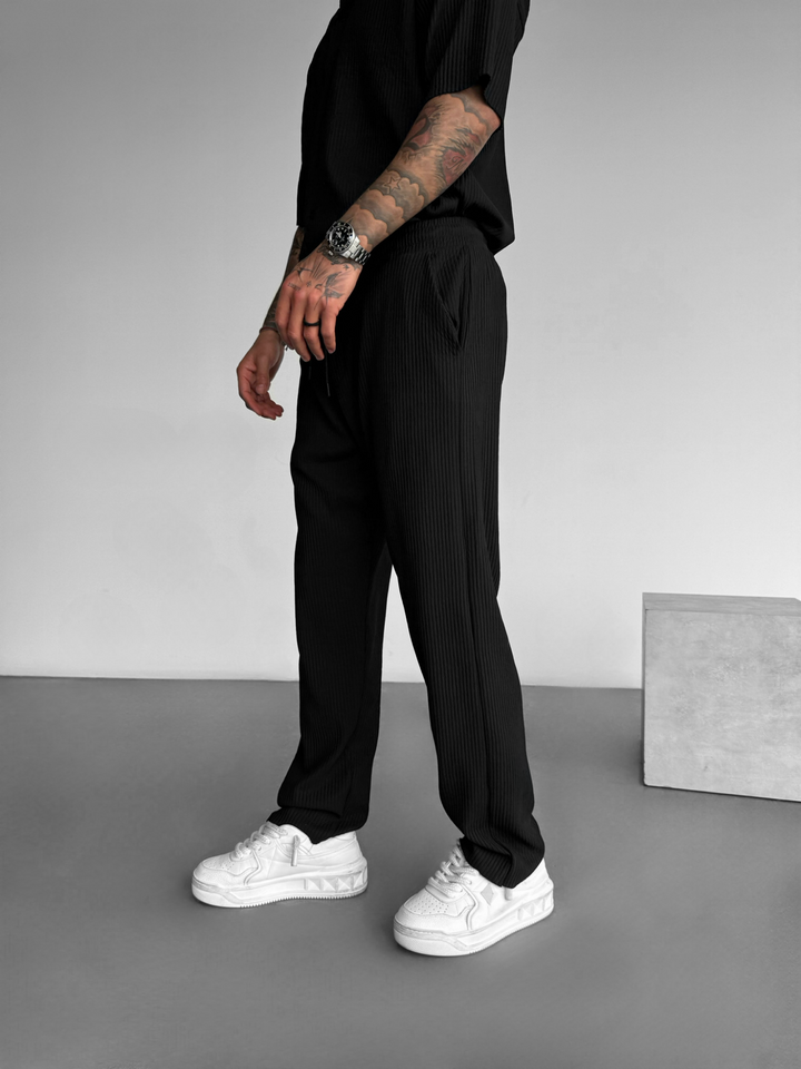 Loose Fit Ribbed Trousers - Black
