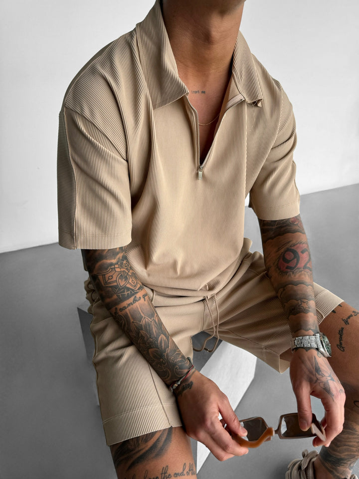 Oversize Textured Zipper Polo T-Shirt - Beige