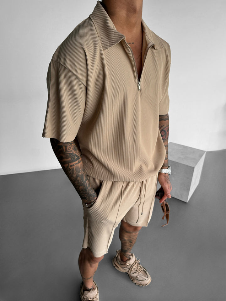 Oversize Textured Zipper Polo T-Shirt - Beige