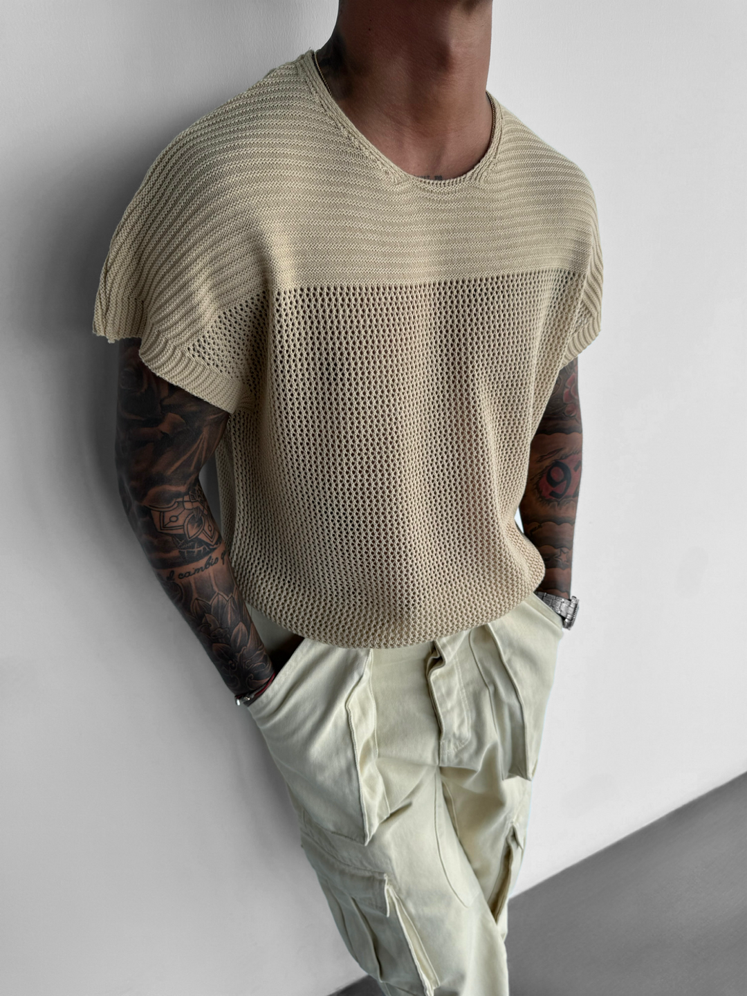 Oversize Textured Knit T-shirt - Beige
