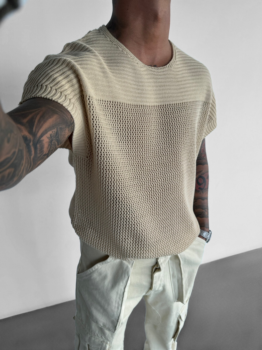 Oversize Textured Knit T-shirt - Beige