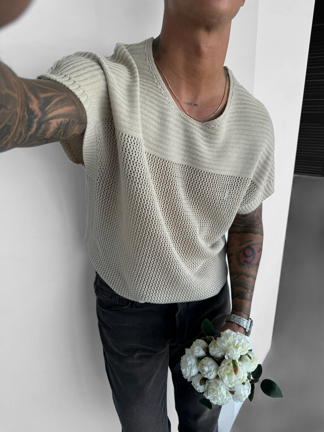 Oversize Textured Knit T-shirt - Creme