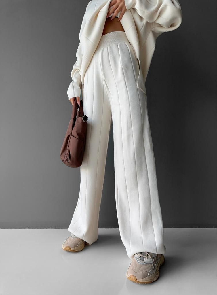 Wide Leg Knit Textured Trousers - Ecru