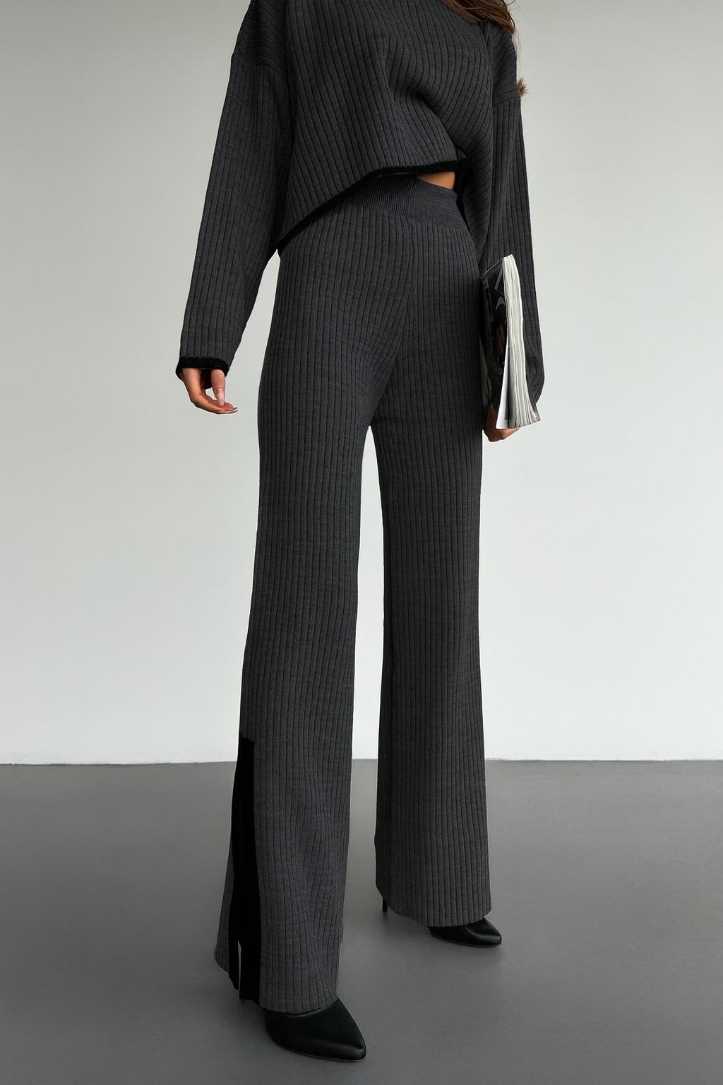 Wide Leg Details Knit Trousers - Anthracite