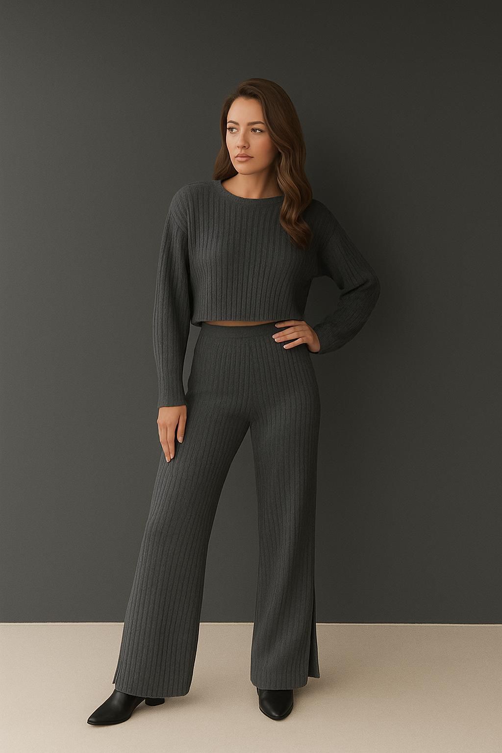 Wide Leg Knit Trousers - Anthracite