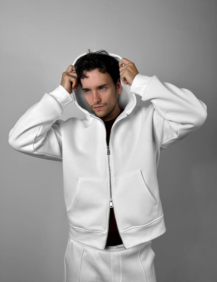 Loose Fit Double-Zip Hoodie - Ecru