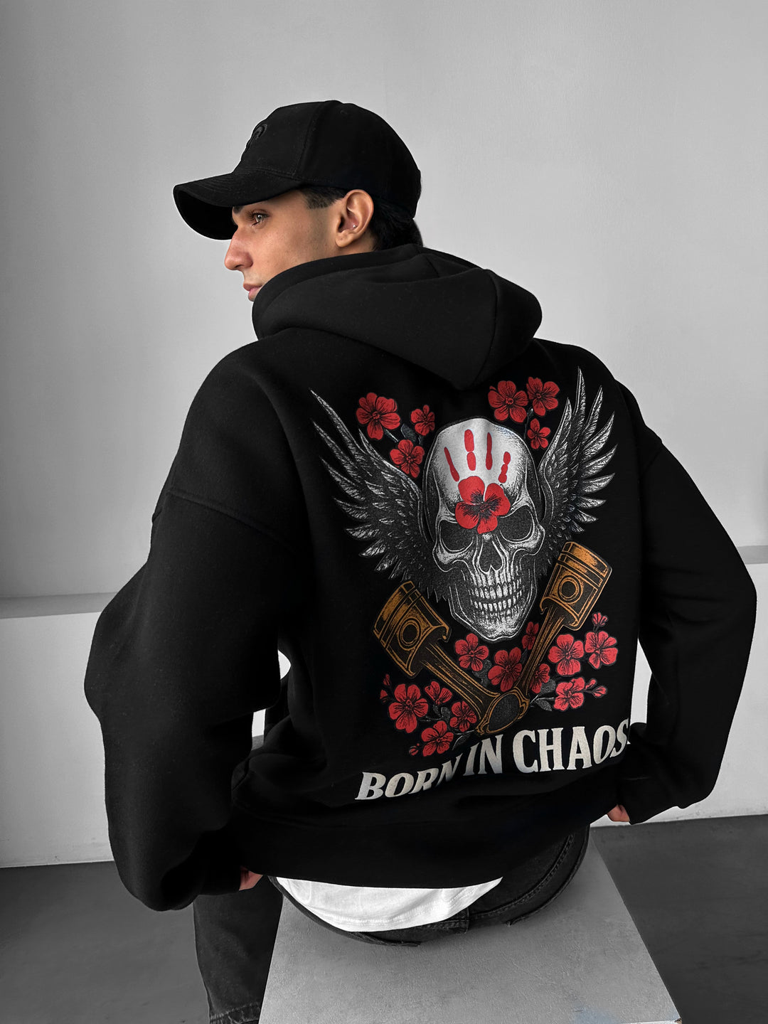 Oversize Skeleton Born in Chaos Hoodie - Black