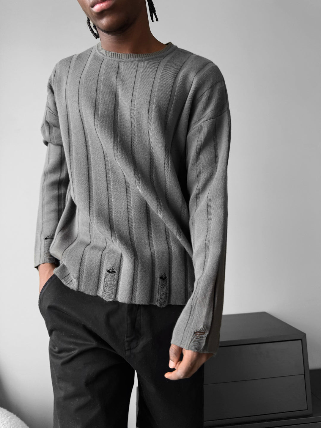 Loose Fit Knit Striped Torn Sweater - Anthracite