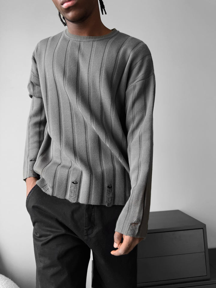 Loose Fit Knit Striped Torn Sweater - Anthracite