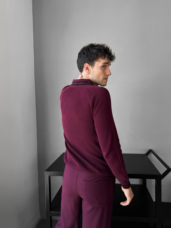 Slim Fit Half-Zip Embroidered Polo Sweater - Bordeaux