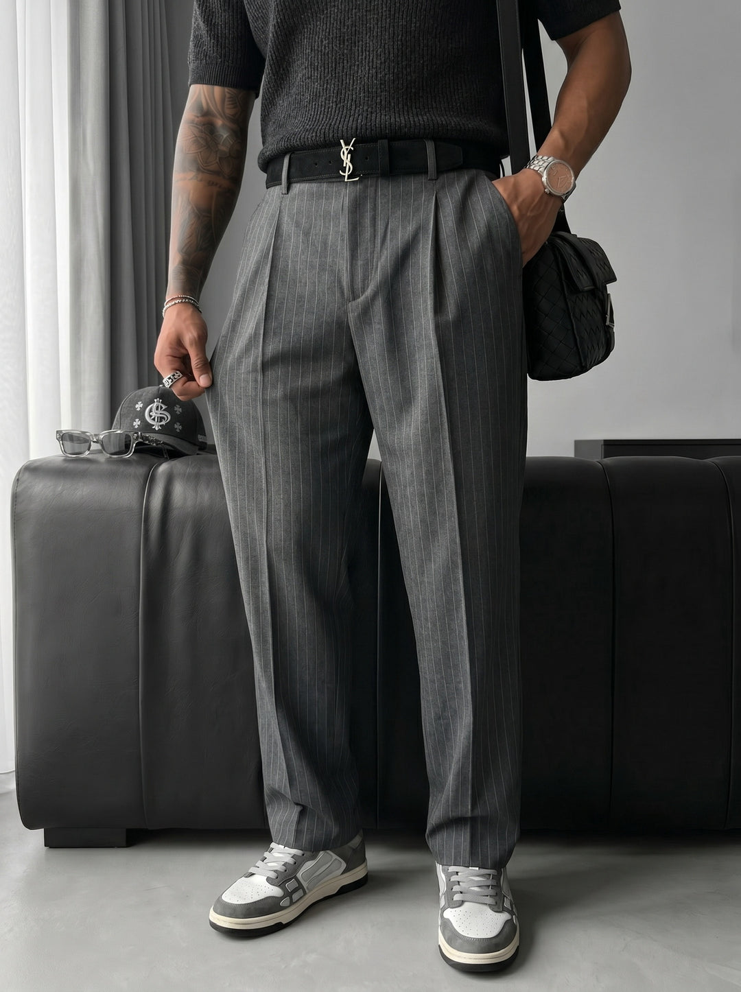 Loose Fit Striped Trousers - Anthracite