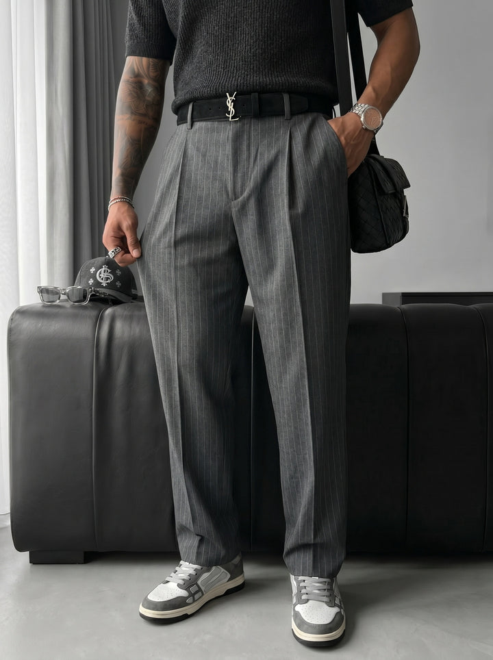 Loose Fit Striped Trousers - Anthracite