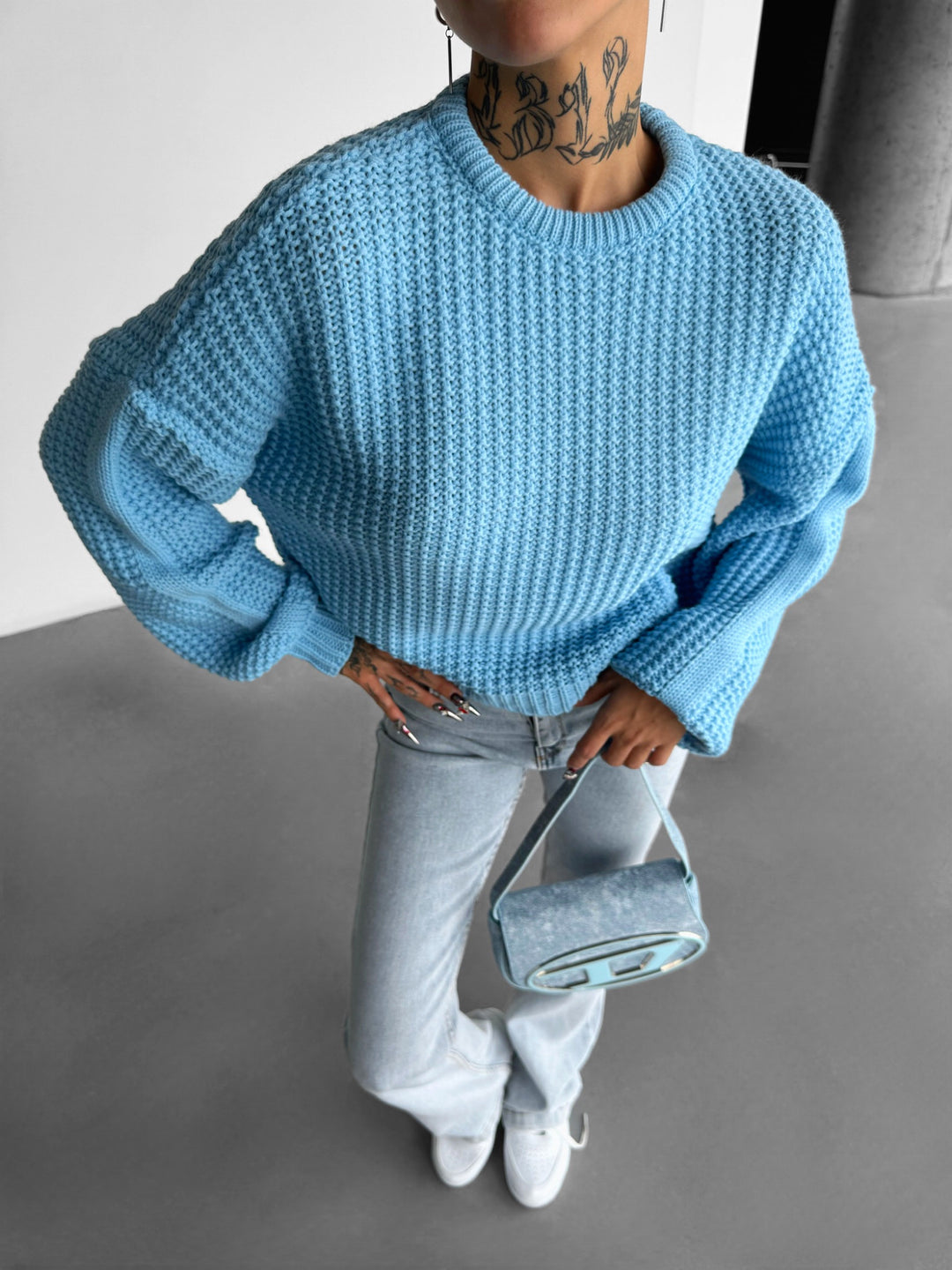 Oversize Puffer Arms Knit Sweater - Baby Blue