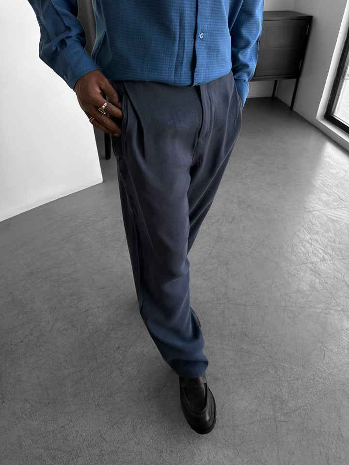 Loose Fit Cotton Trousers - Navy Blue