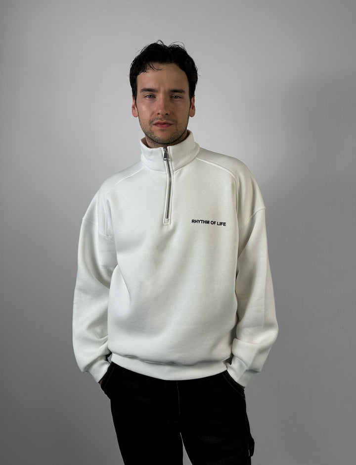 Oversize Half-Zip Motto Sweatshirt - Ecru