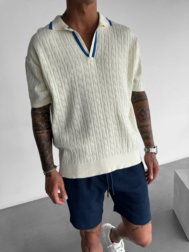 Oversize Structured Polo T-Shirt - Ecru and Blue