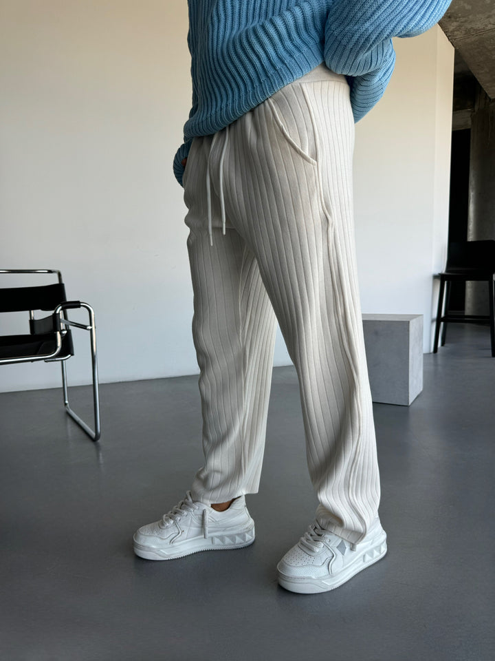 Loose Fit Wide Ribbed Knit Pants - Ecru