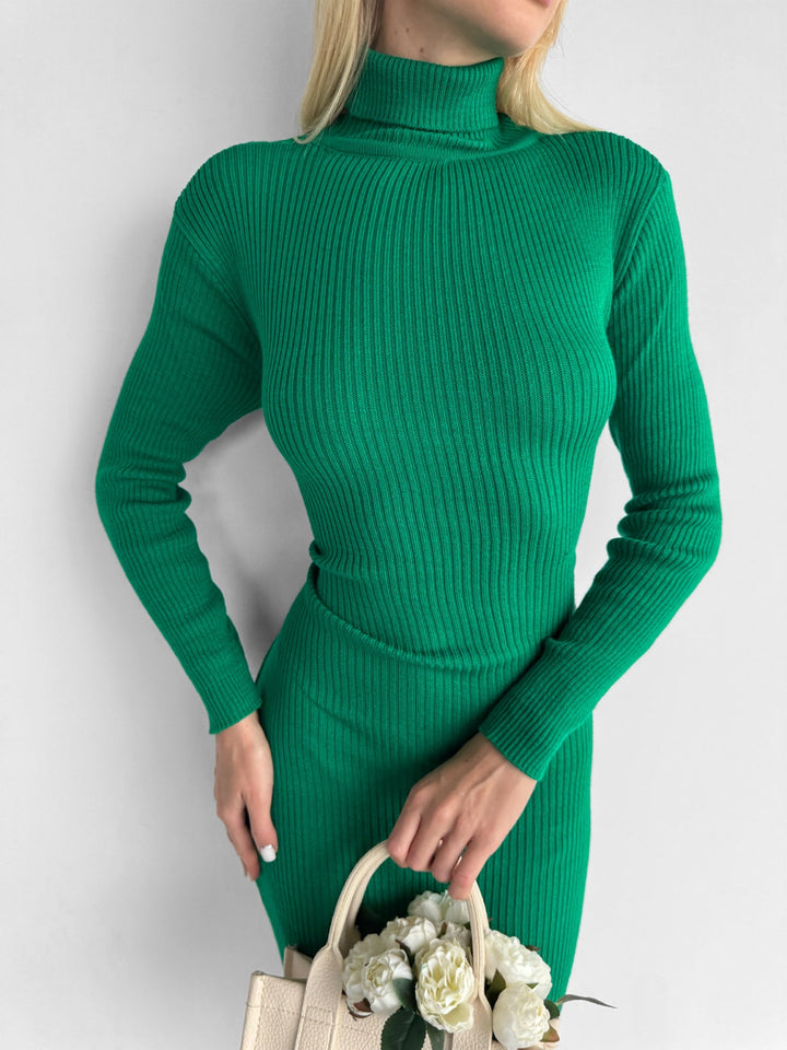 High Neck Knit Dress - Green