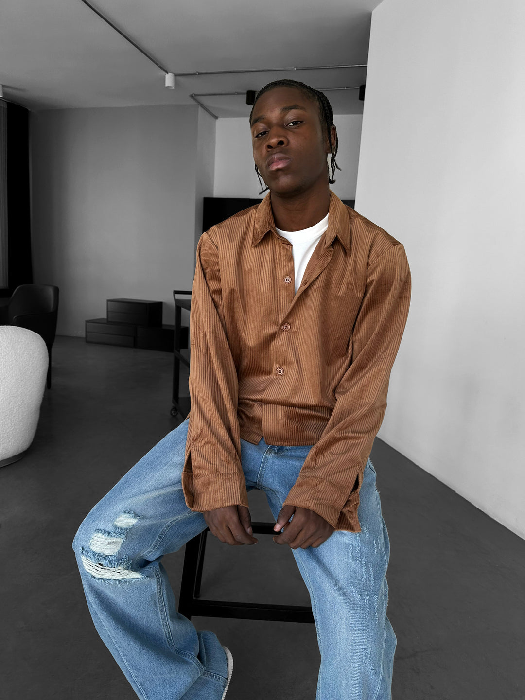 Regular Fit Velvet Shirt - Camel