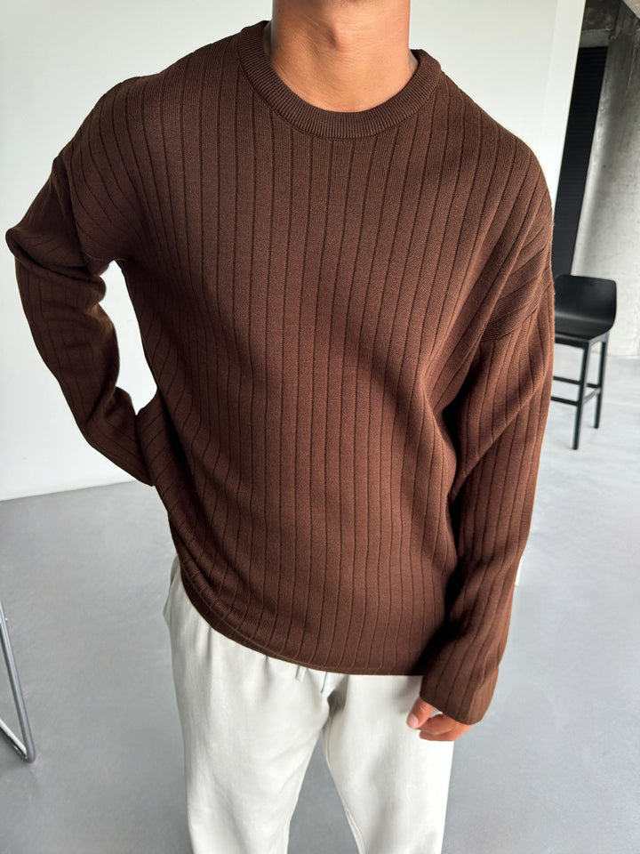 Oversize Wide Ribbed Long Arm Knit Sweatshirt - Dark Brown