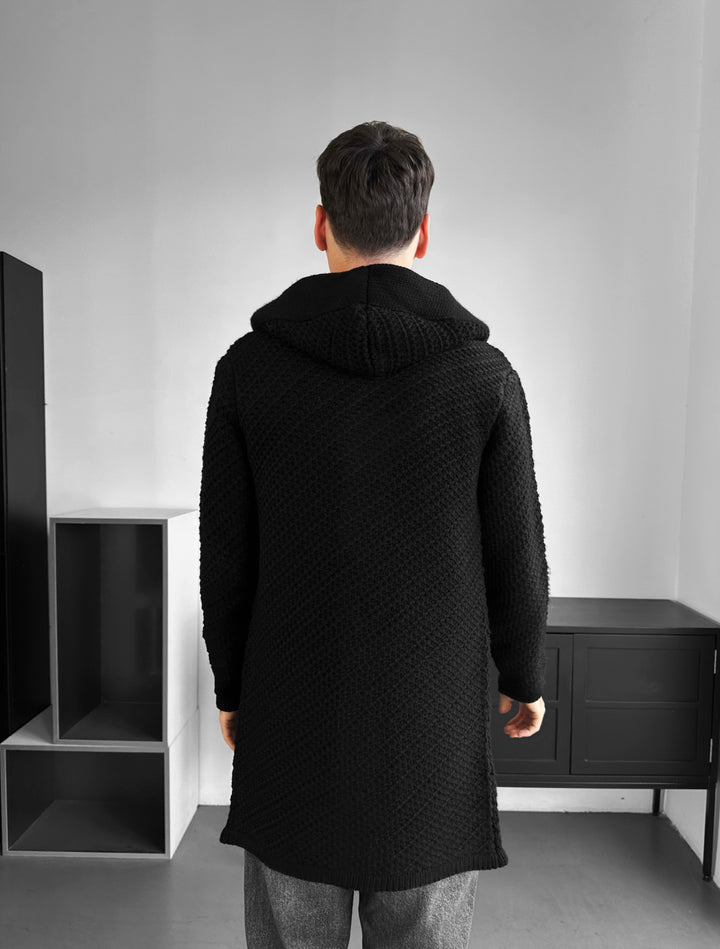 Loose Fit Button Textured Cardigan - Black