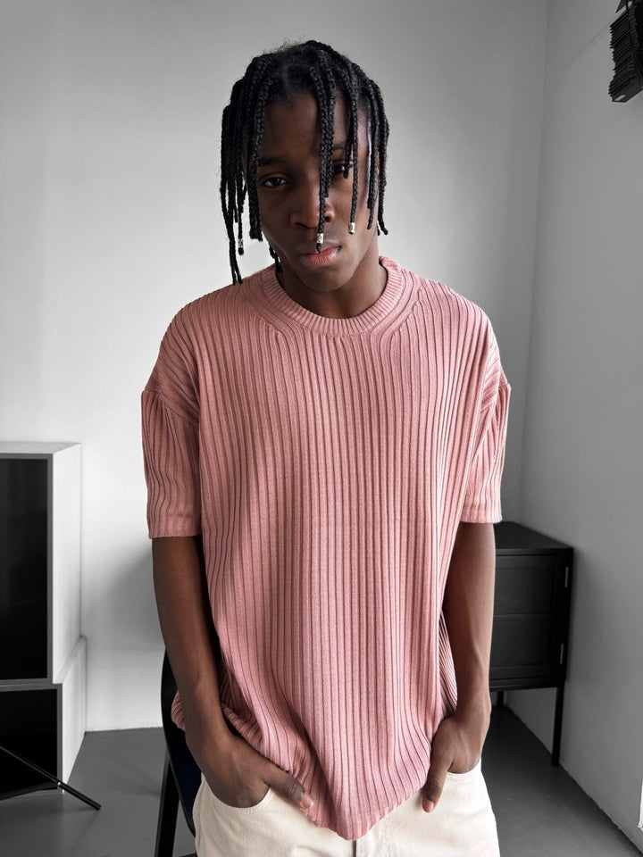 Loose Fit Ribbed Knit T-Shirt - Pouder