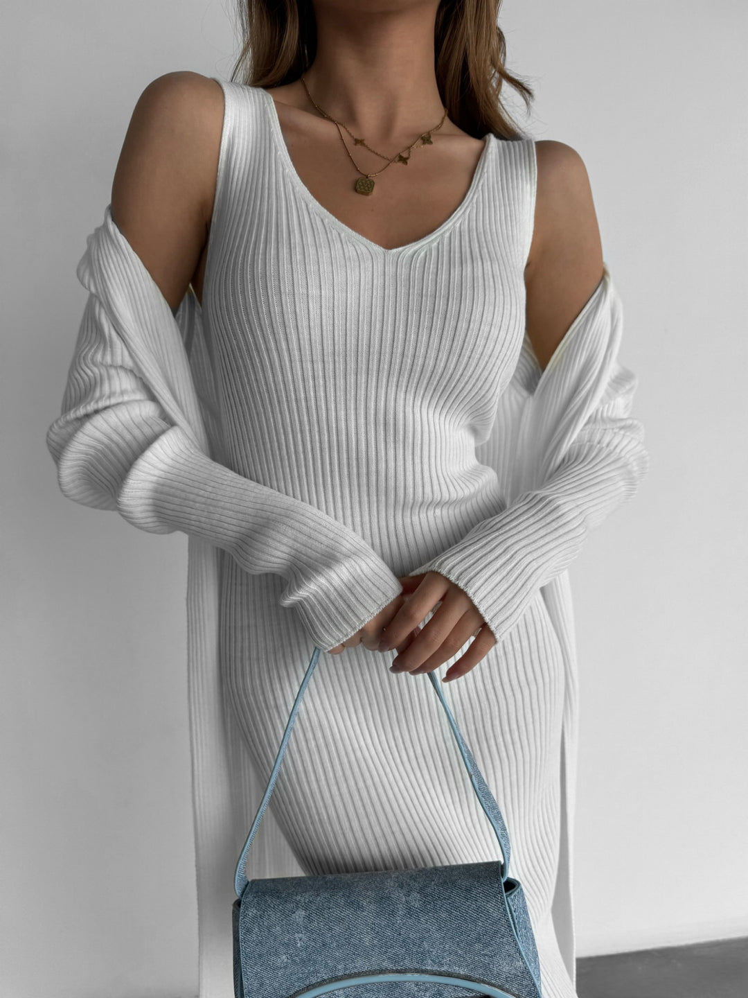 Maxi Knit Dress with Long Cardigan - Ecru