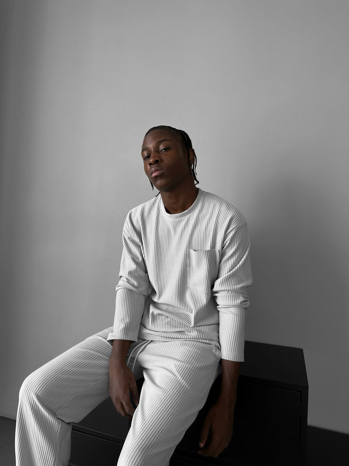 Loose Fit Striped Pocket Sweatshirt - Grey