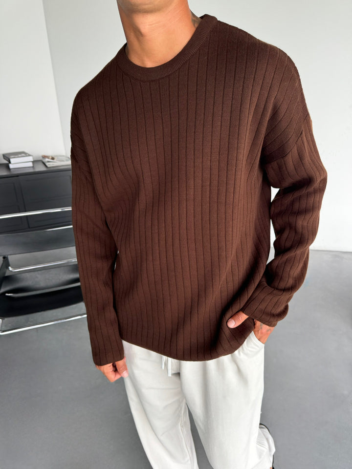 Oversize Wide Ribbed Long Arm Knit Sweatshirt - Dark Brown