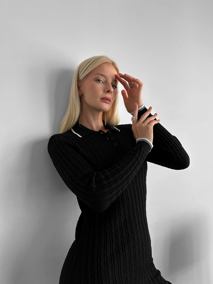 Mini Polo Knit Dress - Black