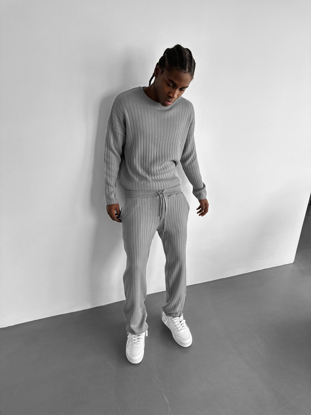 Loose Fit Wide Ribbed Knit Pants - Grey