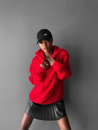 Oversize Collar Zipper Knit Sweater - Red
