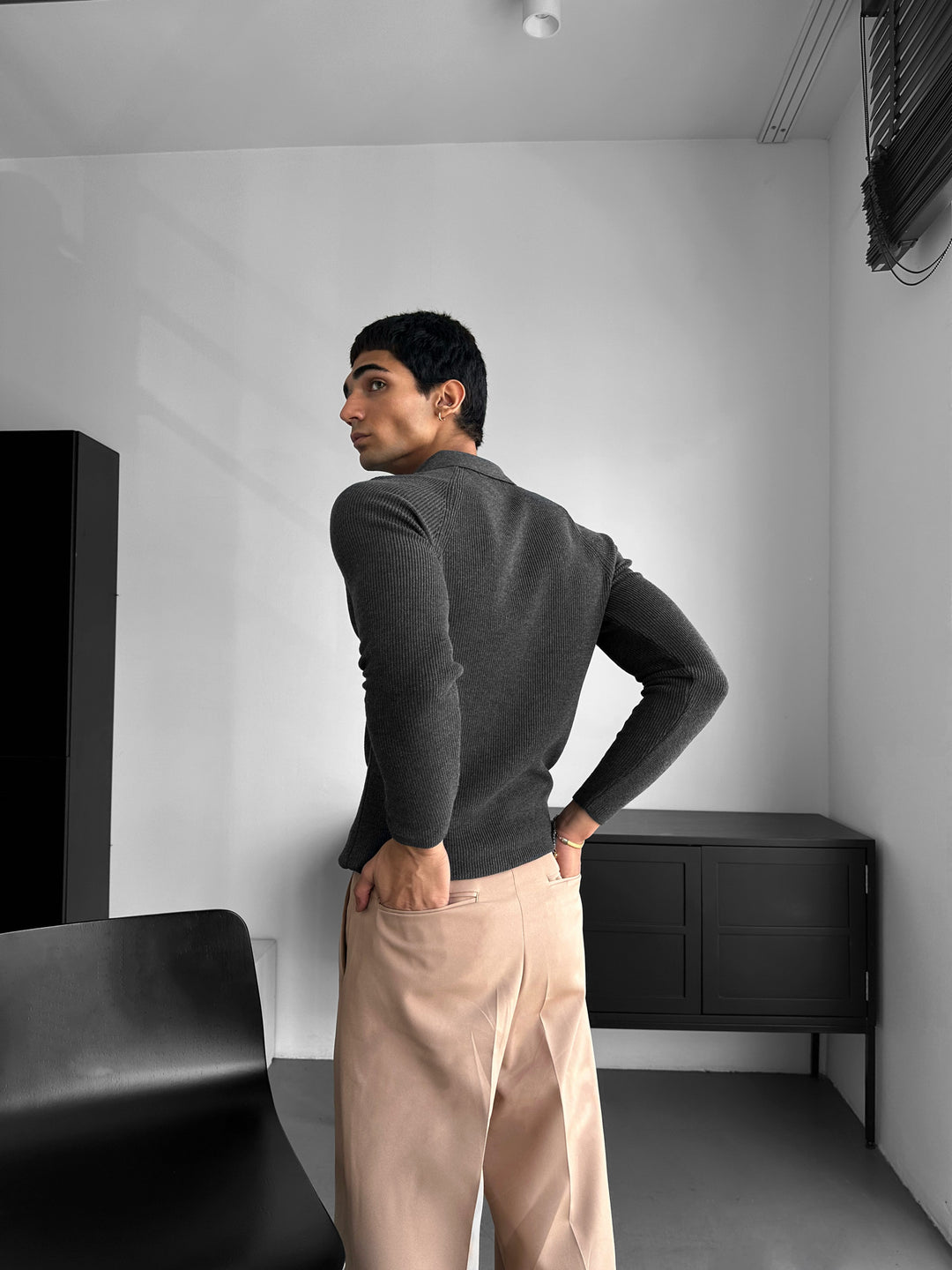 Slim Fit Knit Zipper Polo Sweater - Anthracite