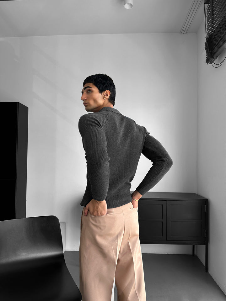 Slim Fit Knit Zipper Polo Sweater - Anthracite