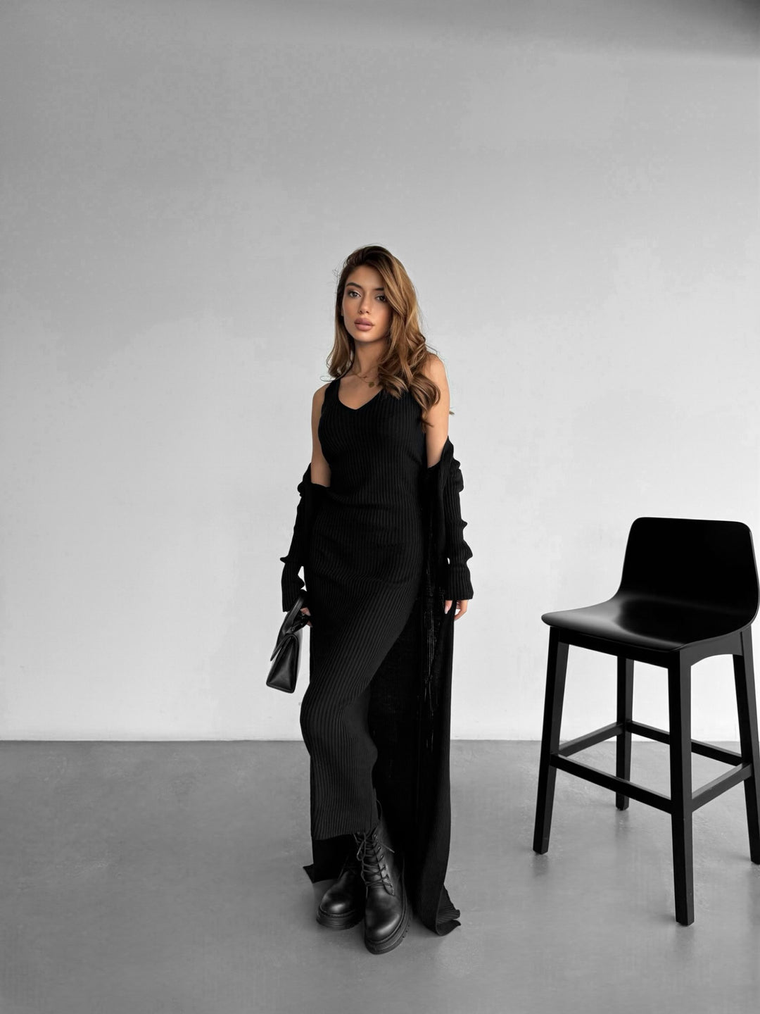Maxi Knit Dress with Long Cardigan - Black