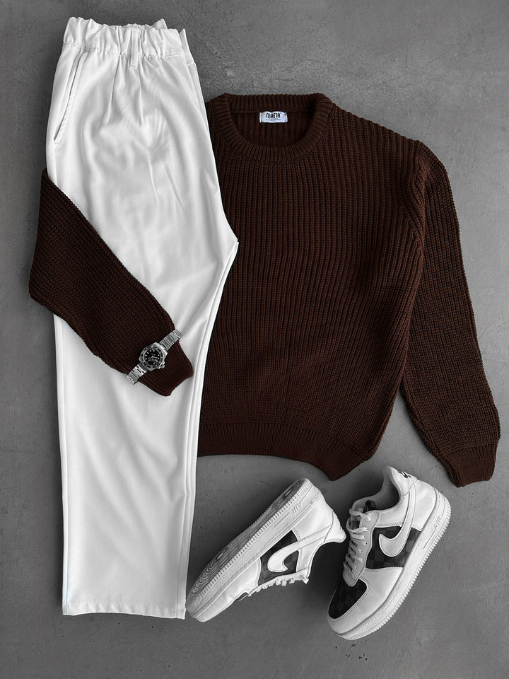 Oversize Structured Knit Sweater - Dark Brown
