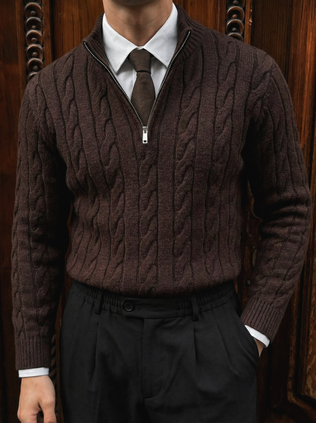 Oversize Collar Braid Zipper Pullover - Dark Brown