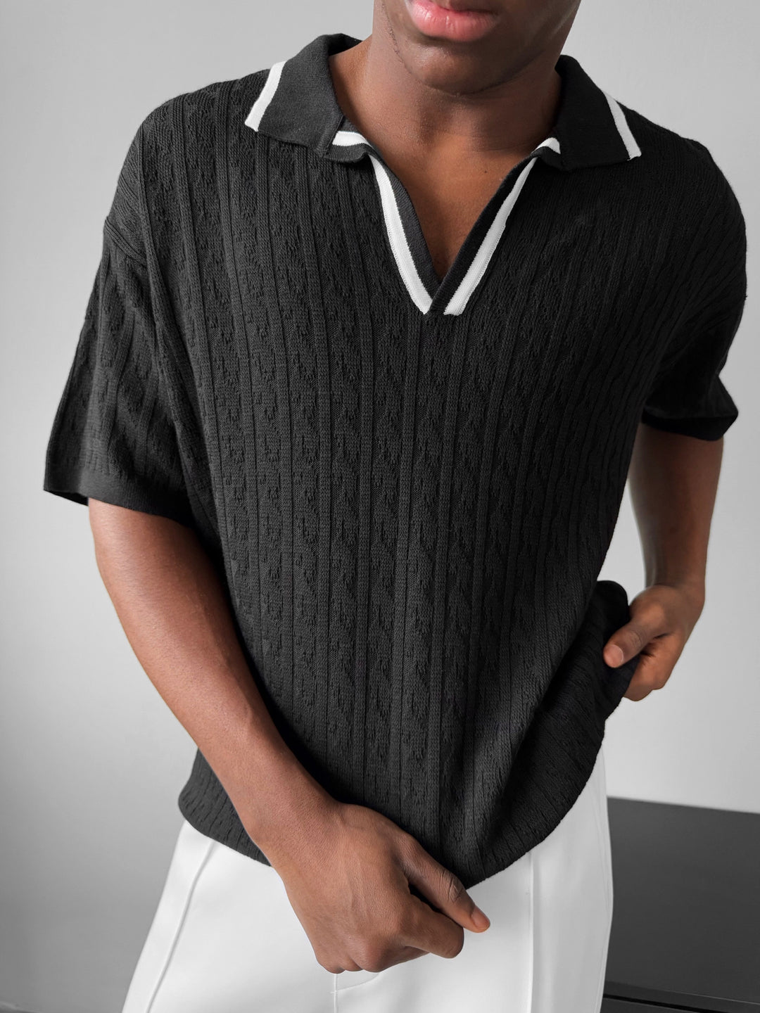 Oversize Structured Polo T-Shirt - Black