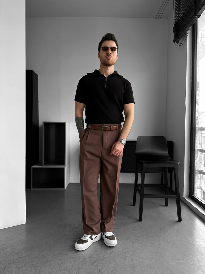 Oversize Zip Neck Knit T-shirt - Dark Brown