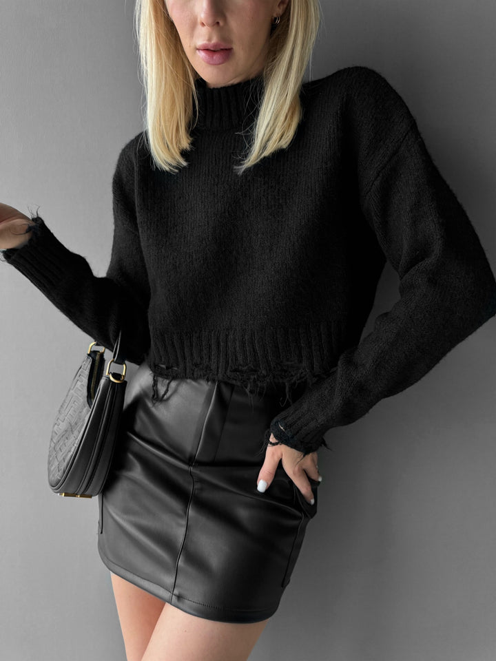 Half Collar Sweater With Fray - Black