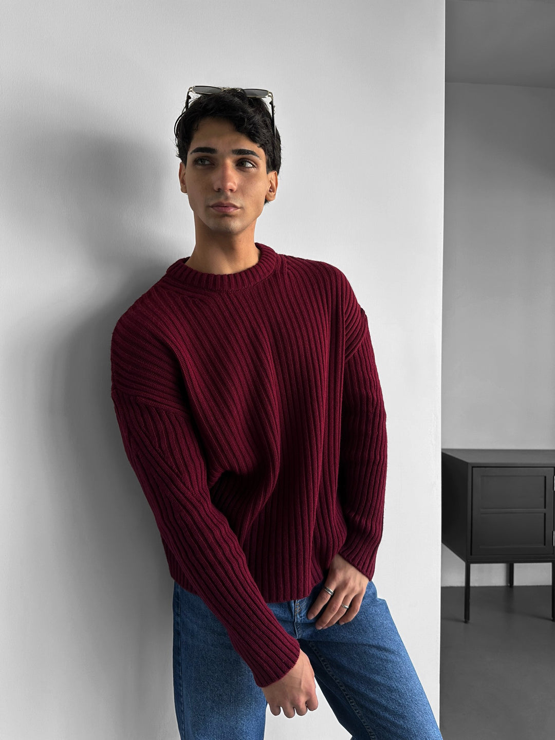 Loose Fit Striped Structure Pullover - Bordeaux
