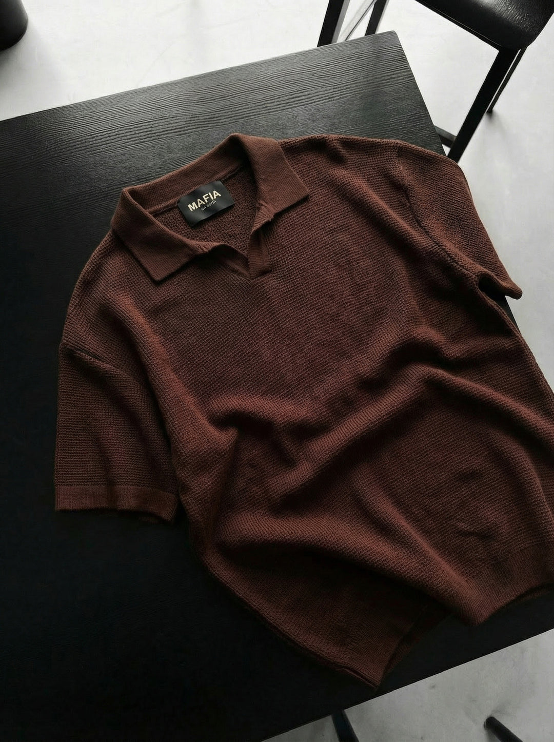 Oversize Collar Ribbed Knit T-Shirt - Dark Brown