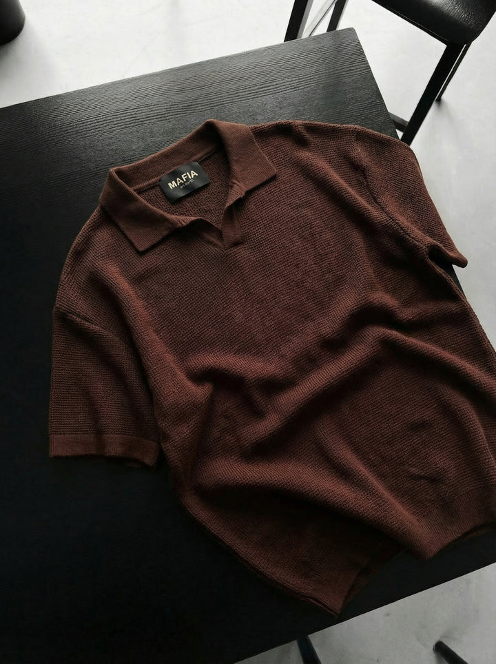 Oversize Collar Ribbed Knit T-Shirt - Dark Brown