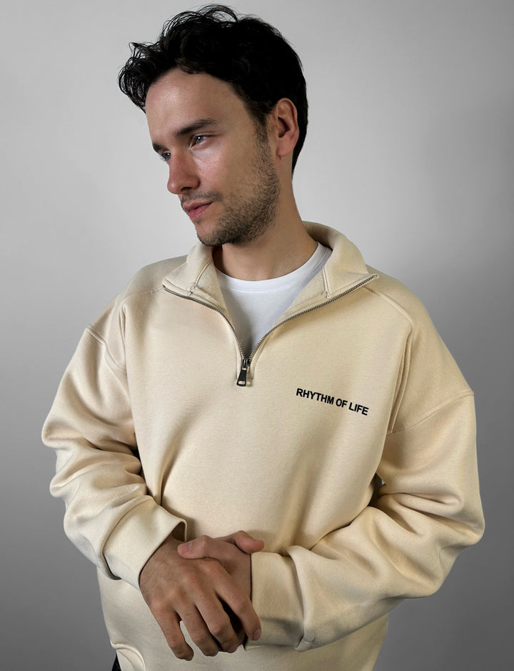 Oversize Half-Zip Motto Sweatshirt - Beige