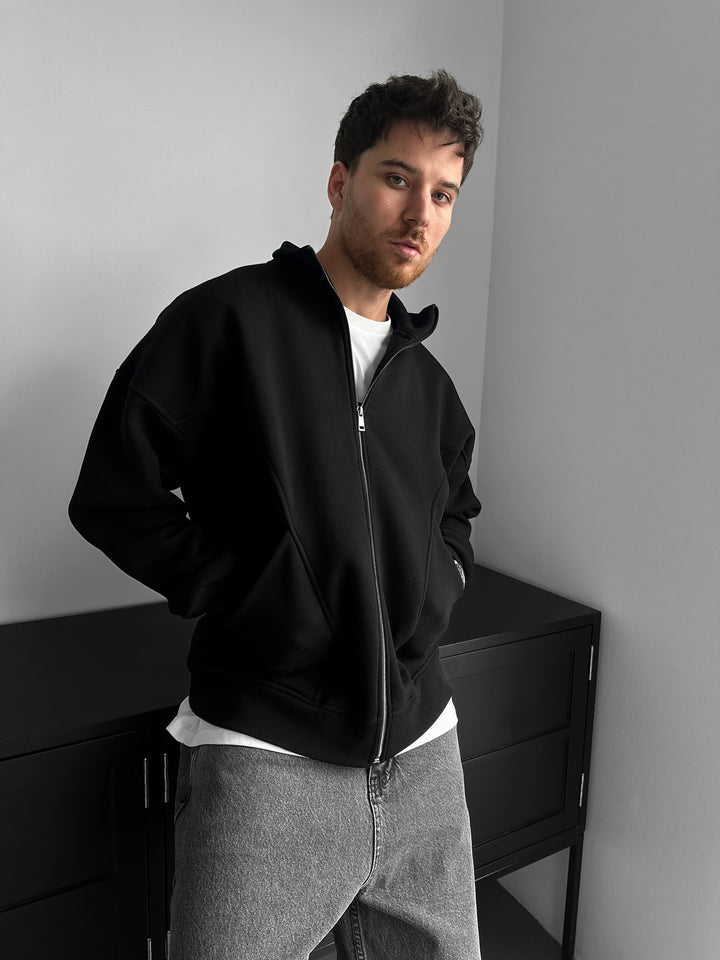 Loose Fit Basic Zipper Jacket - Black