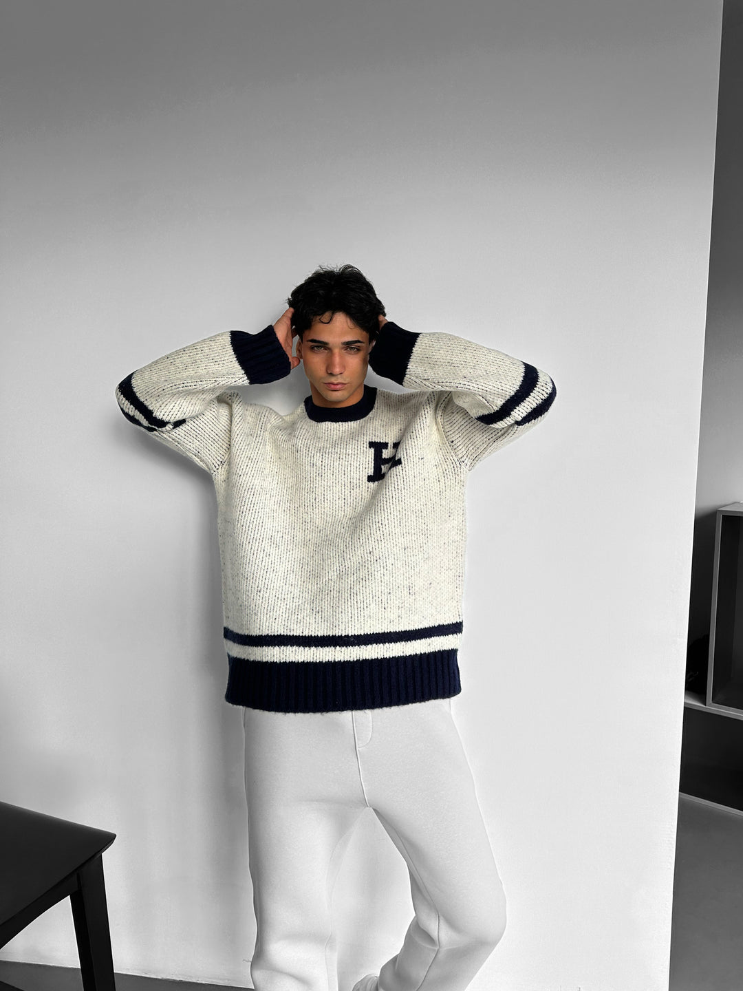 Oversize Knit Letter Sweater - Navy Blue