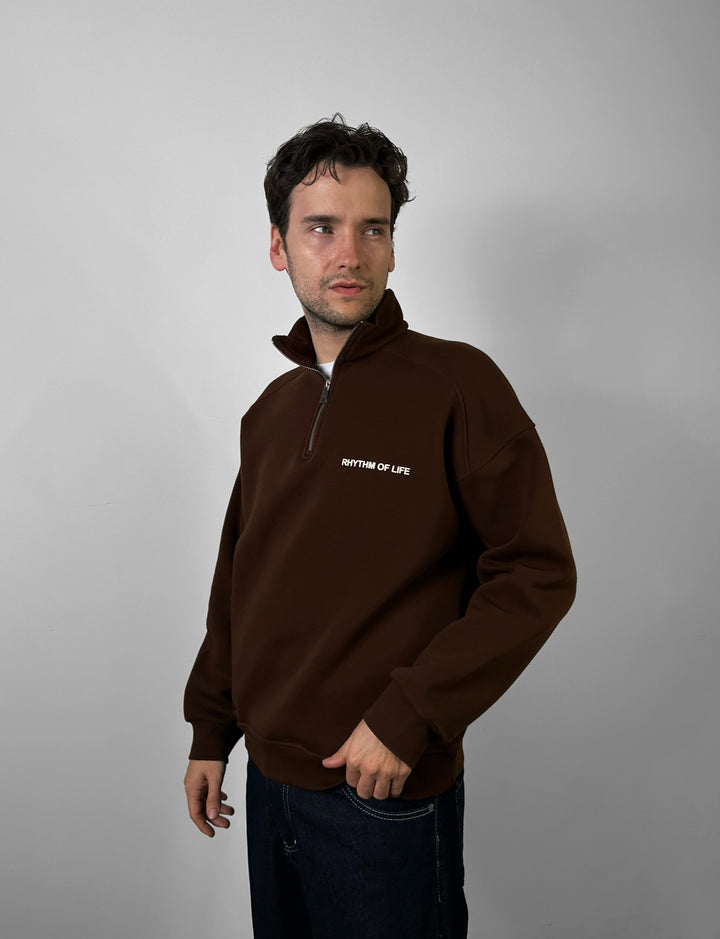 Oversize Half-Zip Motto Sweatshirt - Brown